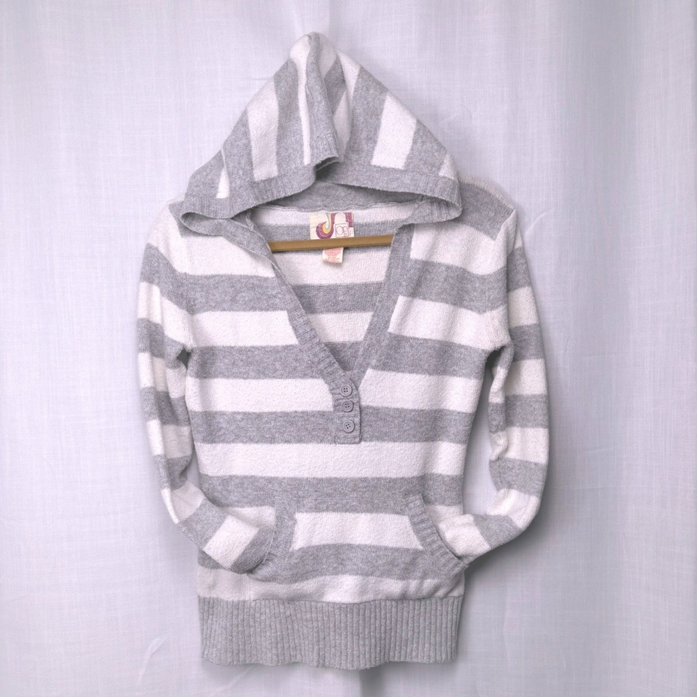 Ocean Pacific OP Girls Grey White Striped Henley Hoodie Sweater Size M 7/9
